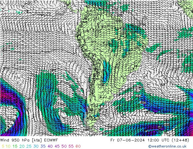 Rüzgar 950 hPa ECMWF Cu 07.06.2024 12 UTC