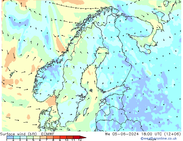 Wind 10 m (bft) ECMWF wo 05.06.2024 18 UTC