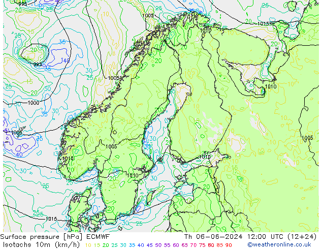 Isotachs (kph) ECMWF чт 06.06.2024 12 UTC