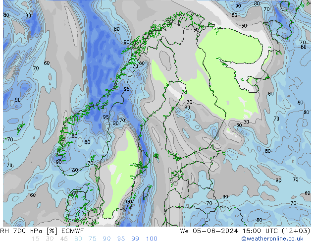 RH 700 hPa ECMWF Qua 05.06.2024 15 UTC