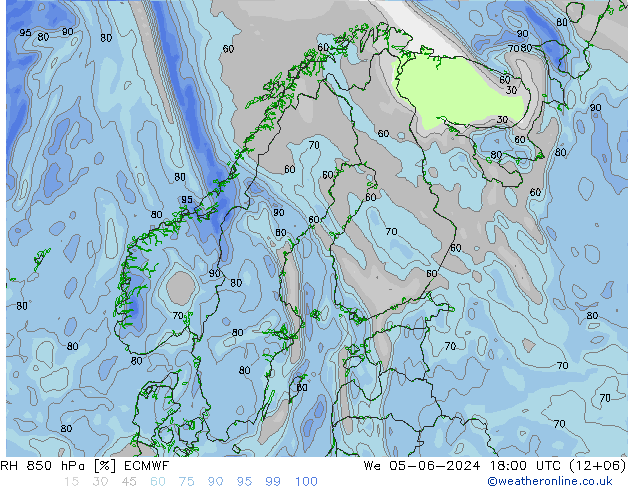 RH 850 hPa ECMWF 星期三 05.06.2024 18 UTC