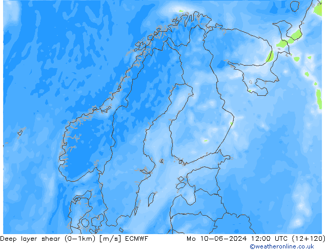 Deep layer shear (0-1km) ECMWF ma 10.06.2024 12 UTC