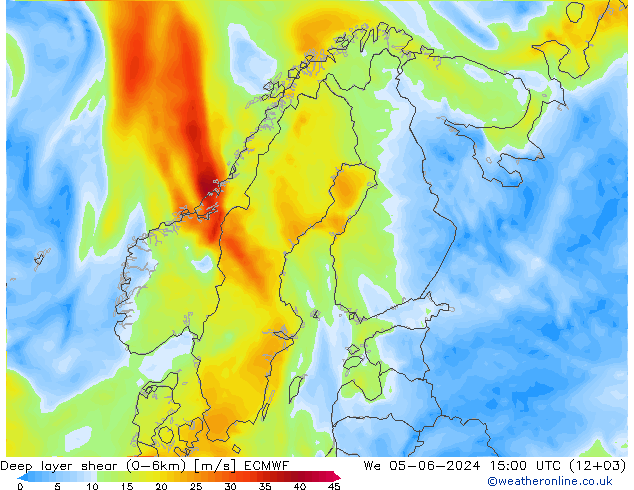 Deep layer shear (0-6km) ECMWF St 05.06.2024 15 UTC