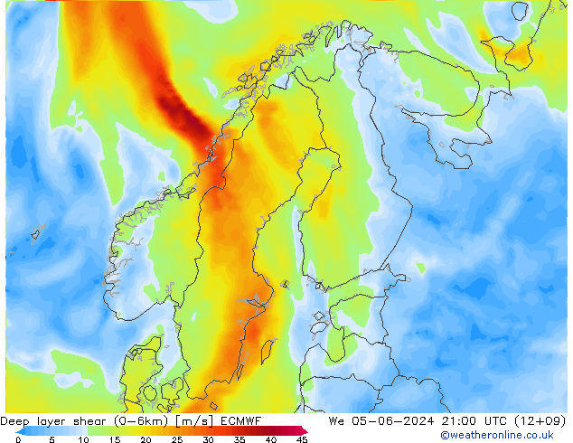 Deep layer shear (0-6km) ECMWF ср 05.06.2024 21 UTC