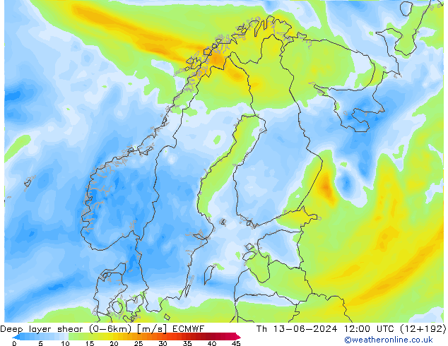 Deep layer shear (0-6km) ECMWF Do 13.06.2024 12 UTC