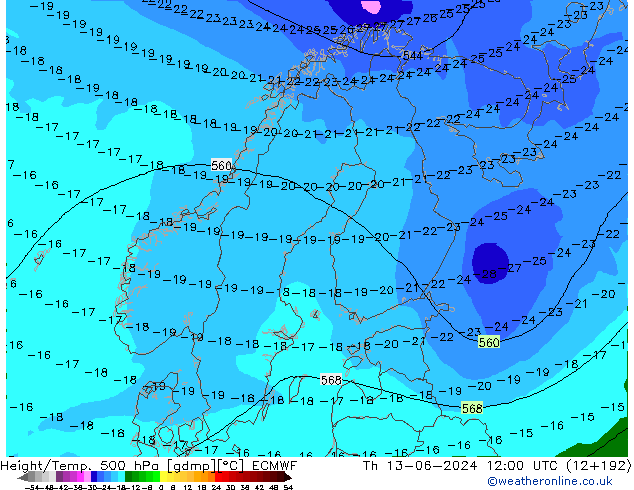 Z500/Rain (+SLP)/Z850 ECMWF Qui 13.06.2024 12 UTC