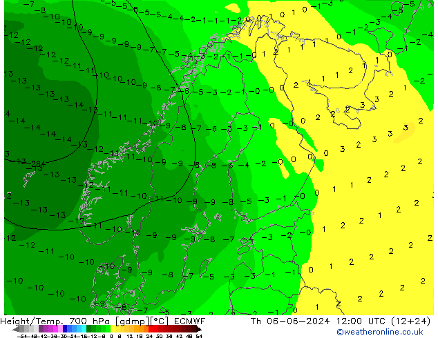 Height/Temp. 700 hPa ECMWF Qui 06.06.2024 12 UTC