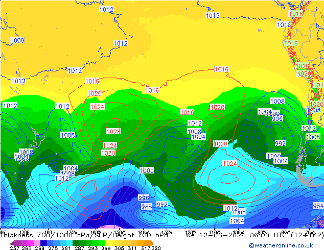 Thck 700-1000 hPa ECMWF śro. 12.06.2024 06 UTC