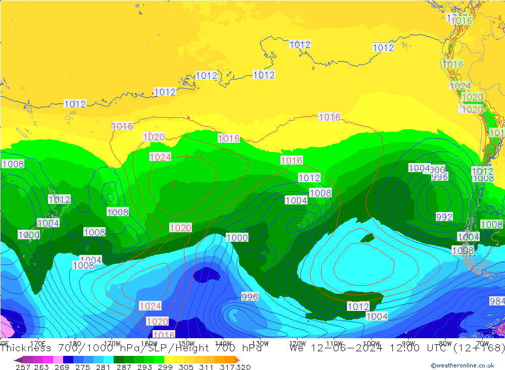 Thck 700-1000 hPa ECMWF śro. 12.06.2024 12 UTC