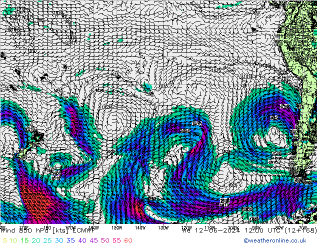 wiatr 850 hPa ECMWF śro. 12.06.2024 12 UTC