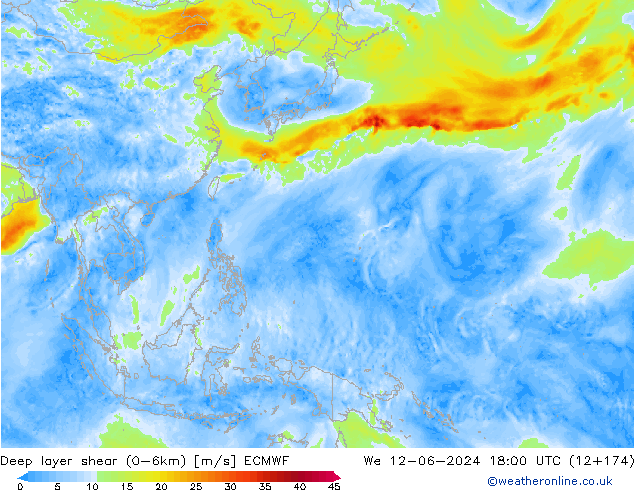 Deep layer shear (0-6km) ECMWF St 12.06.2024 18 UTC