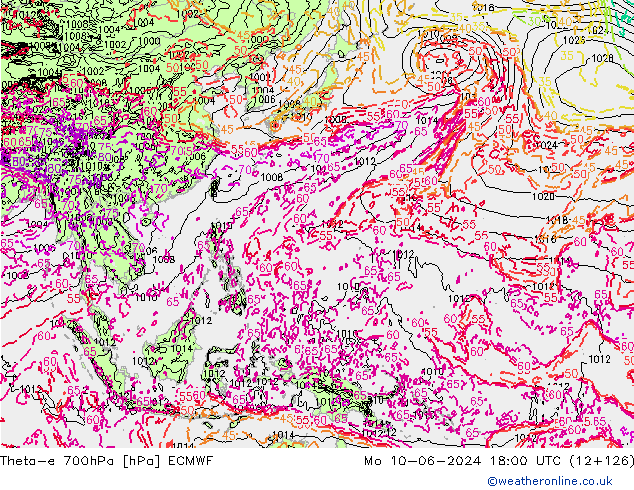 Theta-e 700hPa ECMWF Pzt 10.06.2024 18 UTC