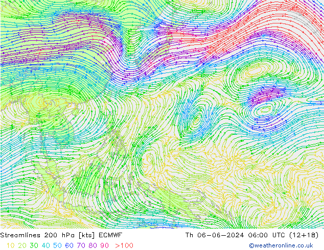 Linia prądu 200 hPa ECMWF czw. 06.06.2024 06 UTC