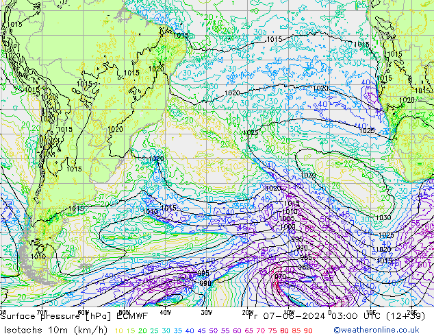 Isotaca (kph) ECMWF vie 07.06.2024 03 UTC