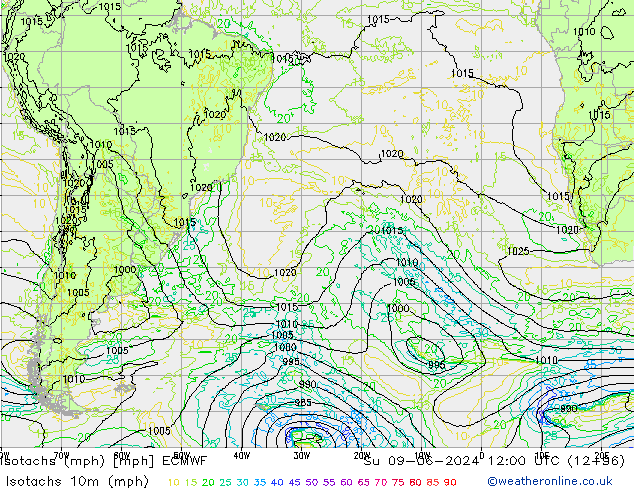 Isotachs (mph) ECMWF Dom 09.06.2024 12 UTC