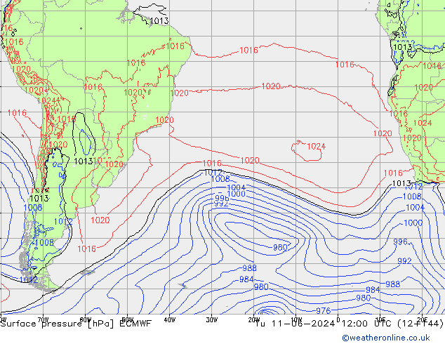 Surface pressure ECMWF Tu 11.06.2024 12 UTC