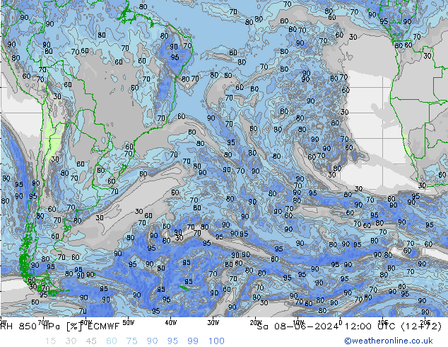 RH 850 hPa ECMWF Sáb 08.06.2024 12 UTC