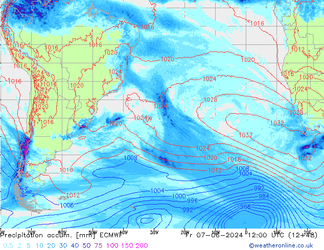 Precipitation accum. ECMWF Pá 07.06.2024 12 UTC