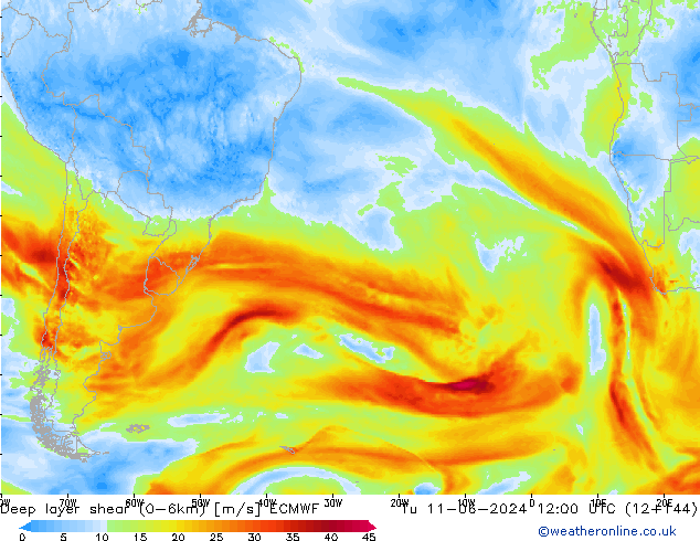 Deep layer shear (0-6km) ECMWF Tu 11.06.2024 12 UTC