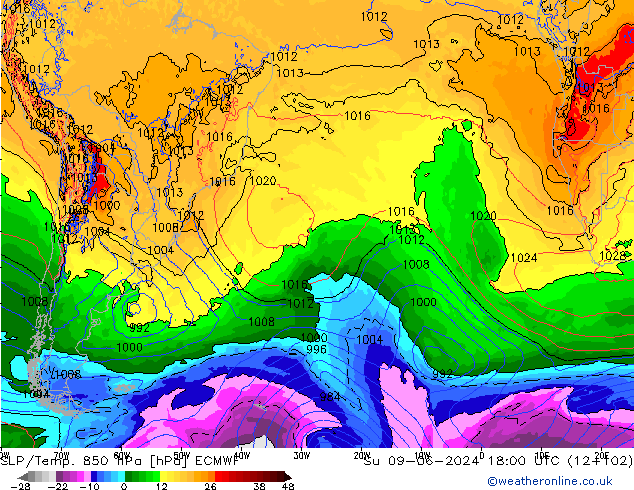 SLP/Temp. 850 гПа ECMWF Вс 09.06.2024 18 UTC