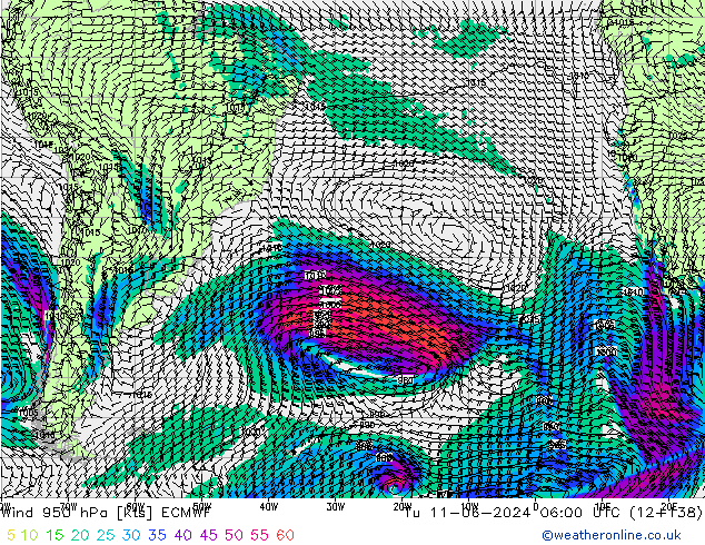 Wind 950 hPa ECMWF Tu 11.06.2024 06 UTC