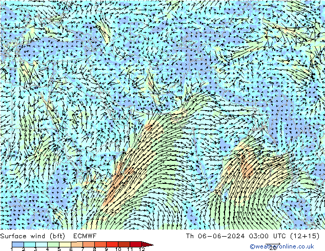 Bodenwind (bft) ECMWF Do 06.06.2024 03 UTC