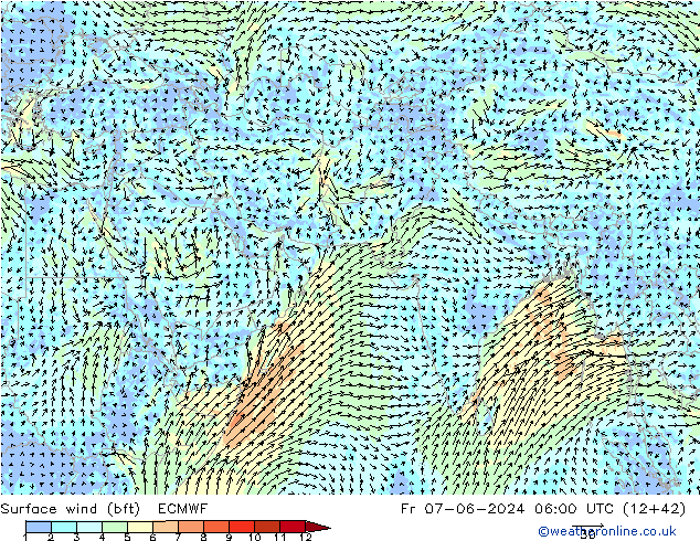 Vento 10 m (bft) ECMWF Sex 07.06.2024 06 UTC