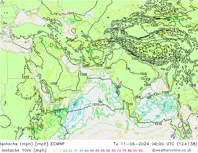 Isotachs (mph) ECMWF Tu 11.06.2024 06 UTC