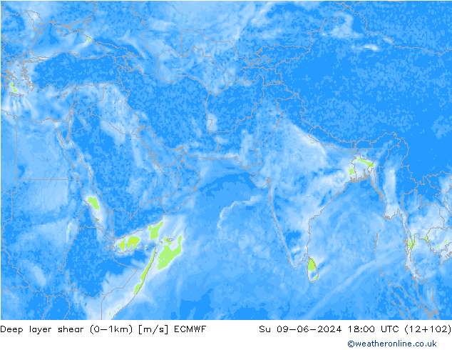 Deep layer shear (0-1km) ECMWF Dom 09.06.2024 18 UTC