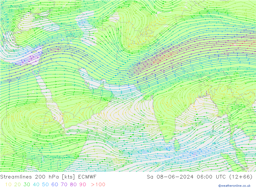 Linha de corrente 200 hPa ECMWF Sáb 08.06.2024 06 UTC