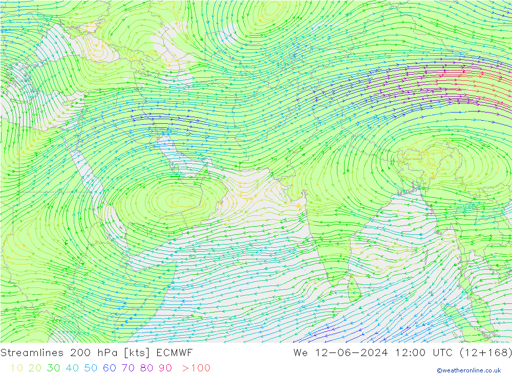 Linea di flusso 200 hPa ECMWF mer 12.06.2024 12 UTC