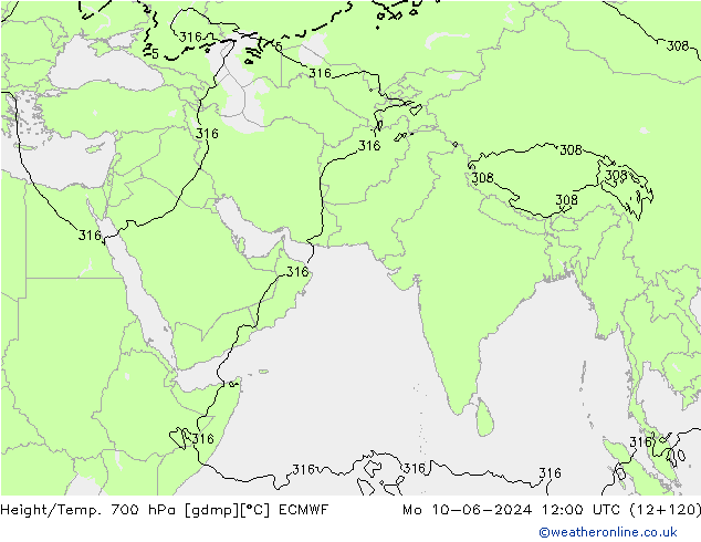 Height/Temp. 700 hPa ECMWF pon. 10.06.2024 12 UTC