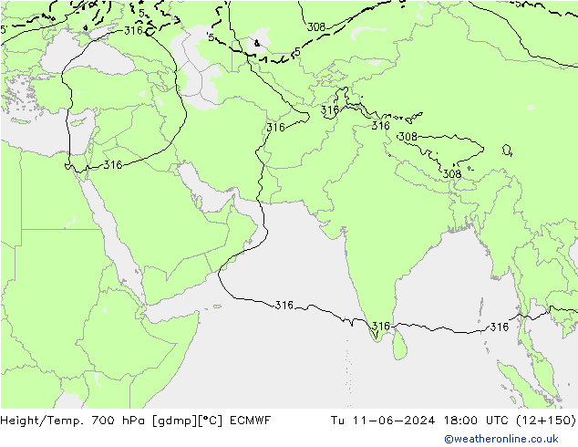 Height/Temp. 700 hPa ECMWF Ter 11.06.2024 18 UTC