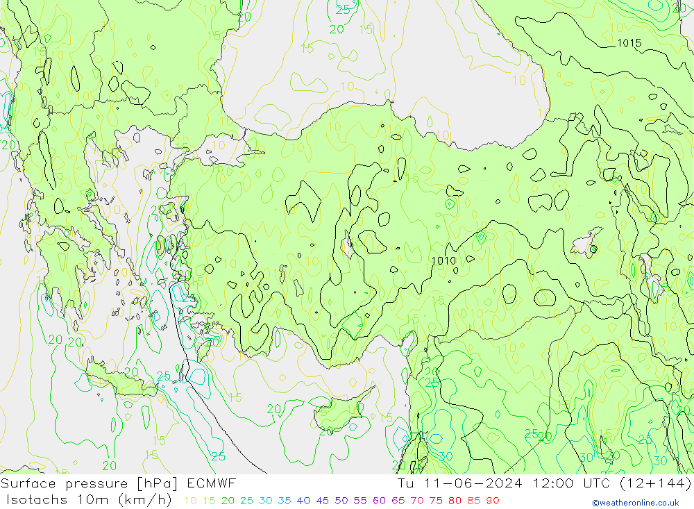 Izotacha (km/godz) ECMWF wto. 11.06.2024 12 UTC