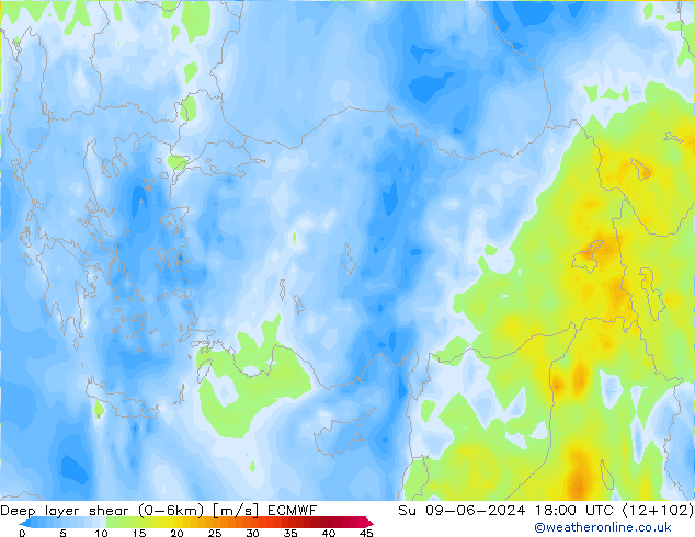 Deep layer shear (0-6km) ECMWF Su 09.06.2024 18 UTC