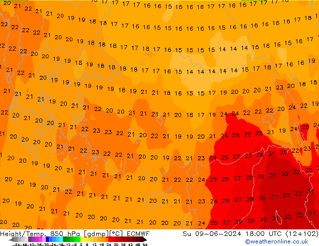 Yükseklik/Sıc. 850 hPa ECMWF Paz 09.06.2024 18 UTC