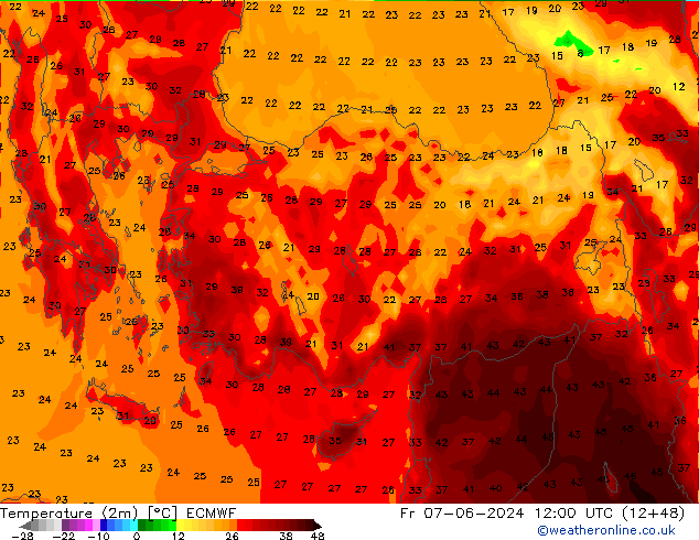 Temperature (2m) ECMWF Fr 07.06.2024 12 UTC