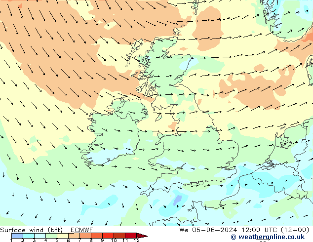 Vento 10 m (bft) ECMWF Qua 05.06.2024 12 UTC