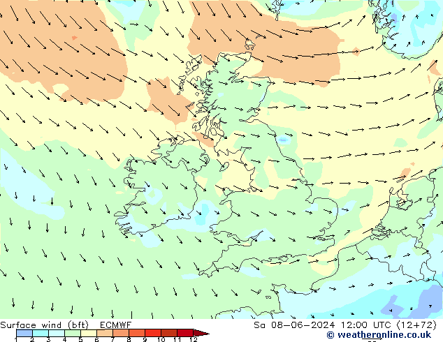 Vento 10 m (bft) ECMWF Sáb 08.06.2024 12 UTC