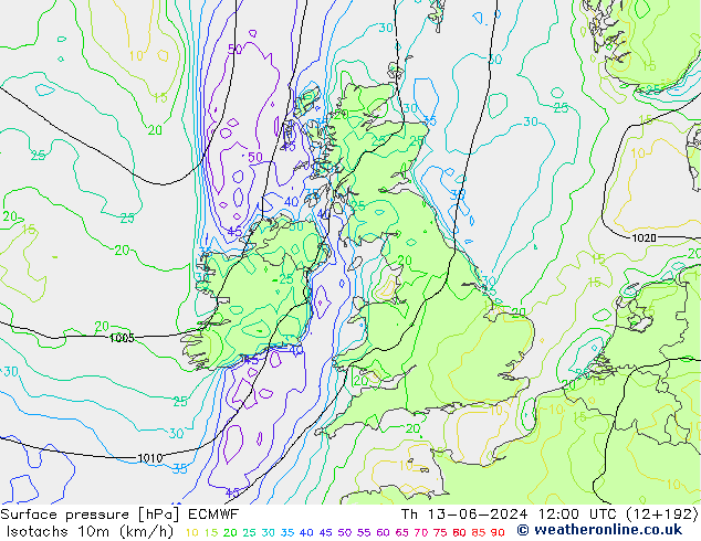 Isotachen (km/h) ECMWF do 13.06.2024 12 UTC