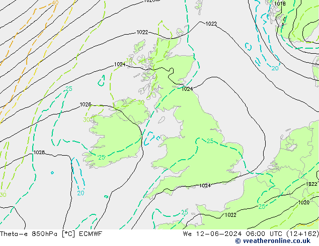 Theta-e 850hPa ECMWF St 12.06.2024 06 UTC