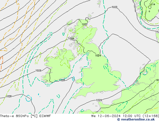 Theta-e 850hPa ECMWF St 12.06.2024 12 UTC