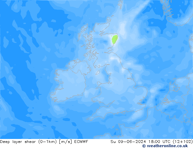 Deep layer shear (0-1km) ECMWF Su 09.06.2024 18 UTC