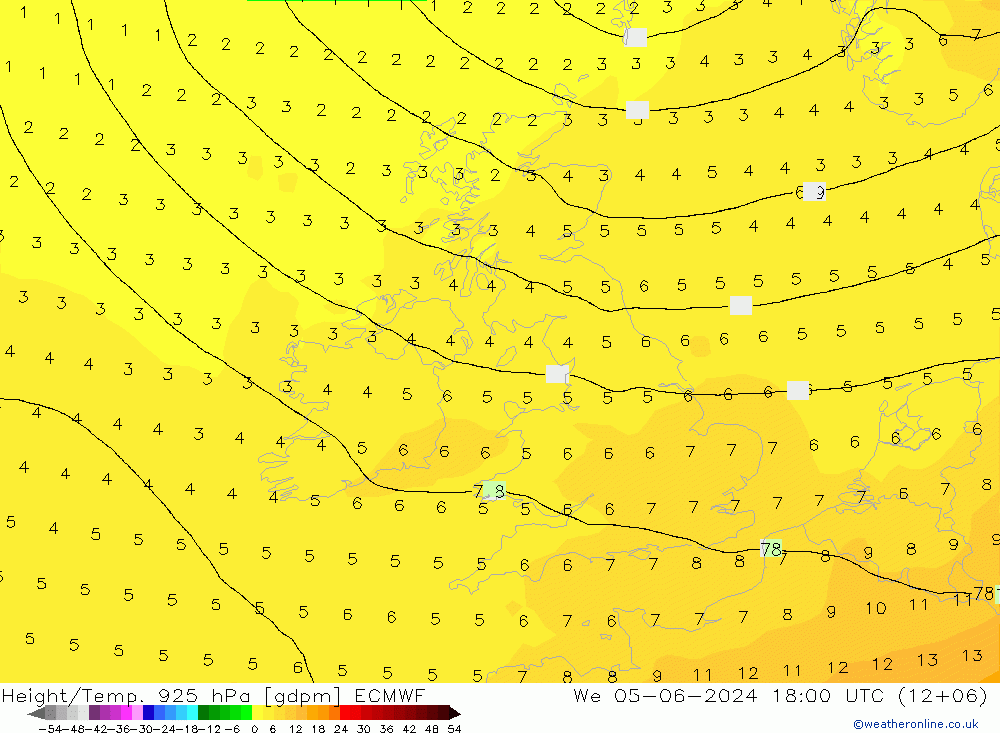 Height/Temp. 925 hPa ECMWF Qua 05.06.2024 18 UTC