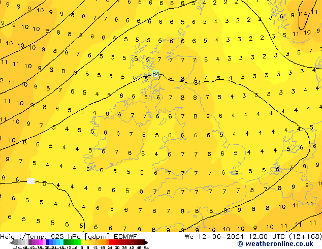 Geop./Temp. 925 hPa ECMWF mié 12.06.2024 12 UTC