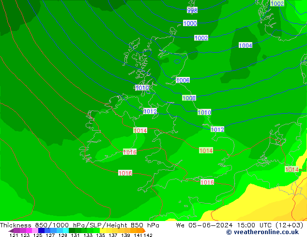 Dikte 850-1000 hPa ECMWF wo 05.06.2024 15 UTC