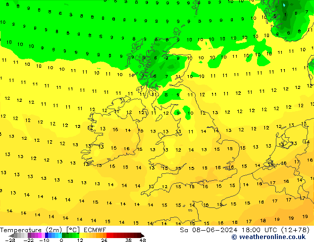 Temperature (2m) ECMWF Sa 08.06.2024 18 UTC