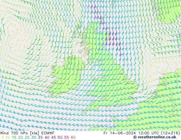 Rüzgar 700 hPa ECMWF Cu 14.06.2024 12 UTC