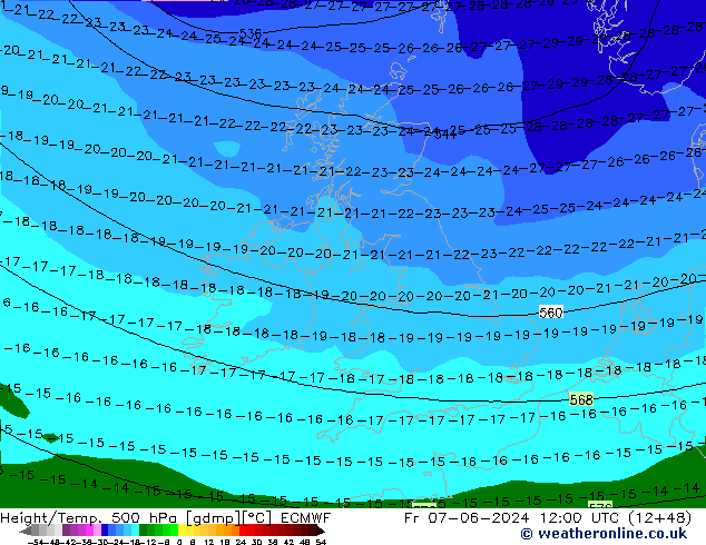 Z500/Rain (+SLP)/Z850 ECMWF Fr 07.06.2024 12 UTC