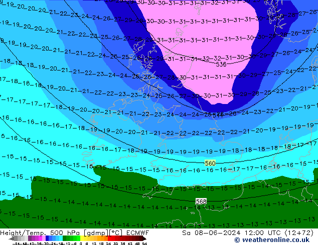 Z500/Rain (+SLP)/Z850 ECMWF Sa 08.06.2024 12 UTC